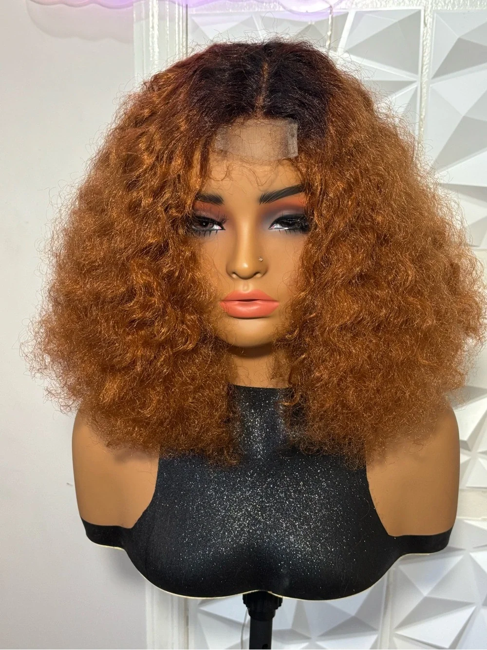 Dark Root 2x6 Closure 14 Inch Copper Auburn Kinky Curly Hair Blend Wig